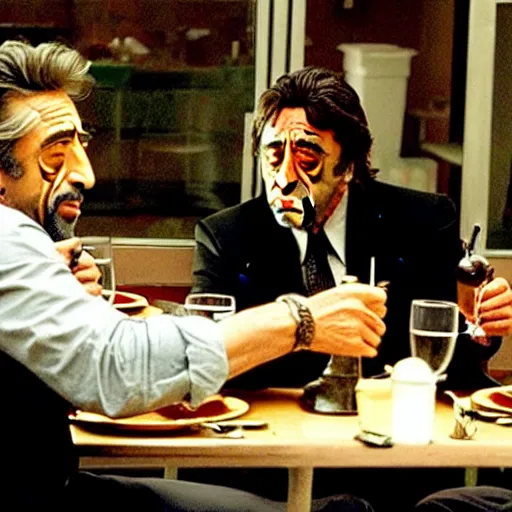 Prompt: movie still of the dinner scene in Heat, al pacino and robert de niro as old men, cinematic,