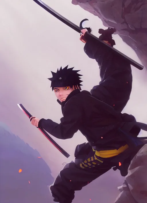 Image similar to highly detailed katana wielding naruto uzumaki with black hair, fighting with polish policeman art by greg rutkowski, loish, rhads, ferdinand knab, makoto shinkai and lois van baarle, ilya kuvshinov, rossdraws, tom bagshaw, global illumination, radiant light, detailed and intricate environment