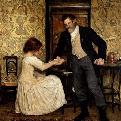 Image similar to a man and a woman solving an escape room puzzle alfred stevens