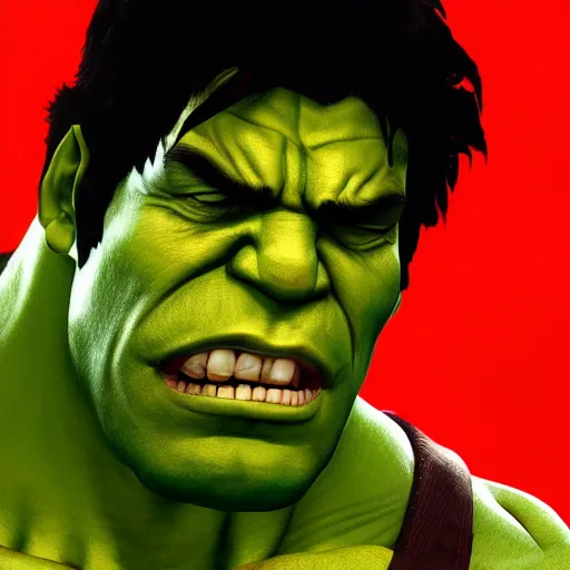 Prompt: Incredible Hulk smoking weed, gta artstyle, macro, wide shot, dramatic lighting, octane render, hyperrealistic, HD