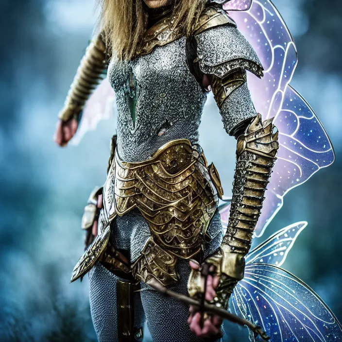 Image similar to full body photo of a fairy warrior wearing sparkly armour, highly detailed, 4 k, hdr, smooth, sharp focus, high resolution, award - winning photo