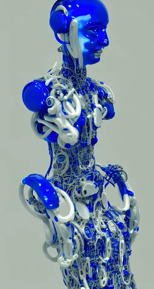 Prompt: portrait of a graceful cyborg, made of porcelain of delft, blue of delft, mechanical details, fluid cable, octane, 8 k resolution, detailed, realistic