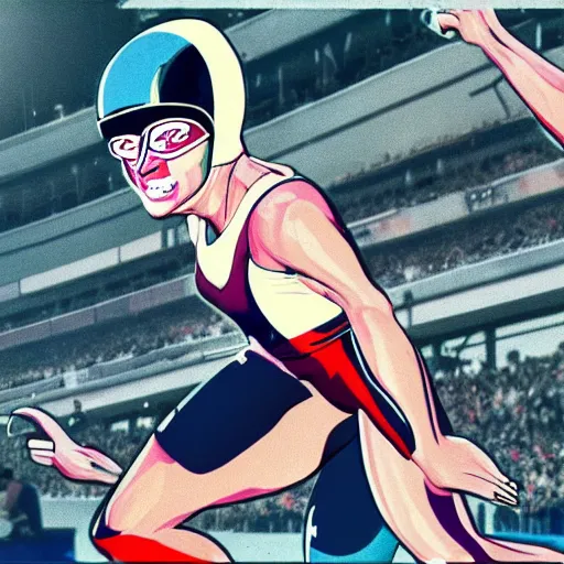 Prompt: Female athlete sprinter in a race with cyborg legs while the audience cheers, vintage footage, 1980's, cinematic stillframe, diesel punk, art deco stadium, artstation, otomo manga, akira