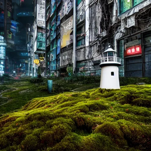 Image similar to photograph of a moss covered light house in the middle of a cyberpunk city on hills