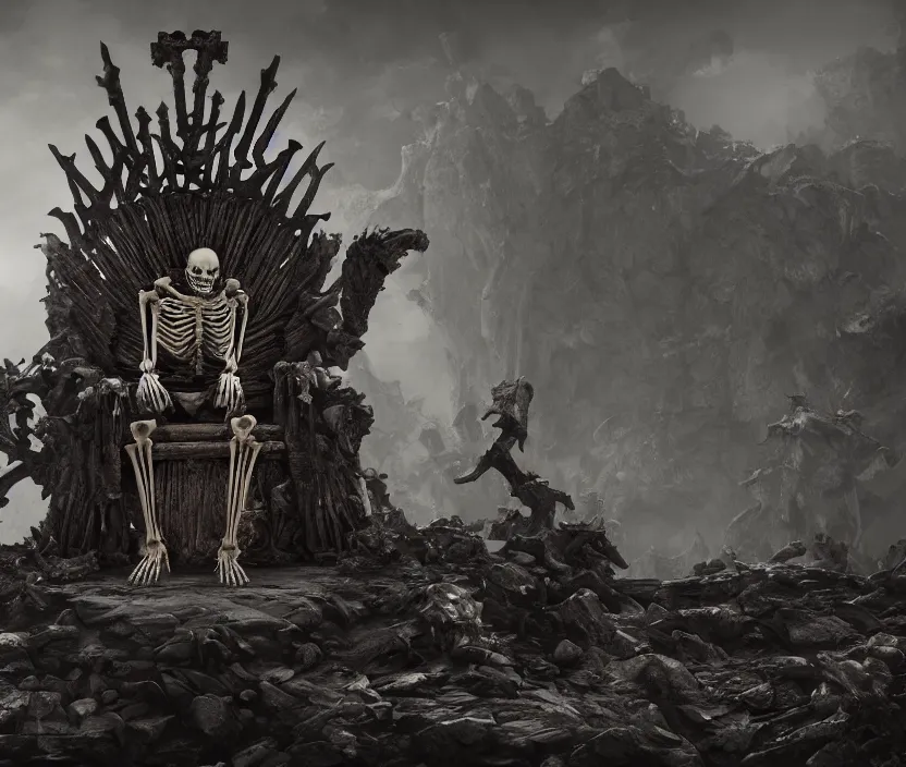 Image similar to a singular skeleton king sitting on a dark throne on the top of a mount of bones, digital art, trending on DeviantArt, highly detailed, high quality, 8K HDR, octane render, unreal engine 5, raytracing, cinematic lighting, concept art, dramatic environment