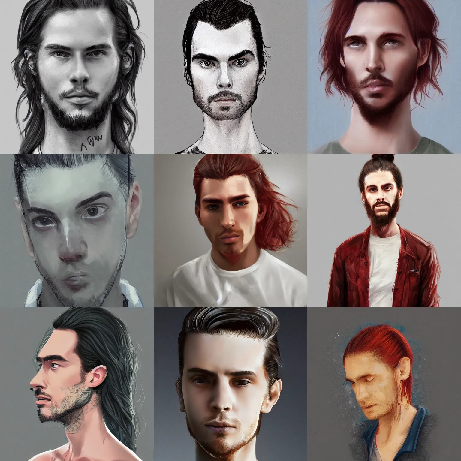 Prompt: portrait of a thin young man with long red hair in a man bun, intricate, symetric, highly detailed, digital painting, artstation, sharp focus, illustration