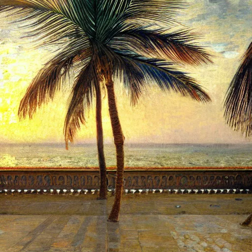 Image similar to a ultradetailed beautiful painting of the amazonas palace balustrade designed by jules bastien - lepage, hans belmer, frank weston and gustave baumann, beach, trending on artstation, mediterranean, palm trees, refracted color sparkles, sharp focus, soft light, 8 k 4 k