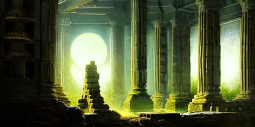 Image similar to beautiful hyperrealistic epic painting of a mysterious intricate cloclwork ruins of the ancient temple, advanced alien technology, a green glowing crystal is inside the temple, by hubert robert and lee madwick and bastien lecouffe deharme, dramatic moonlight lighting