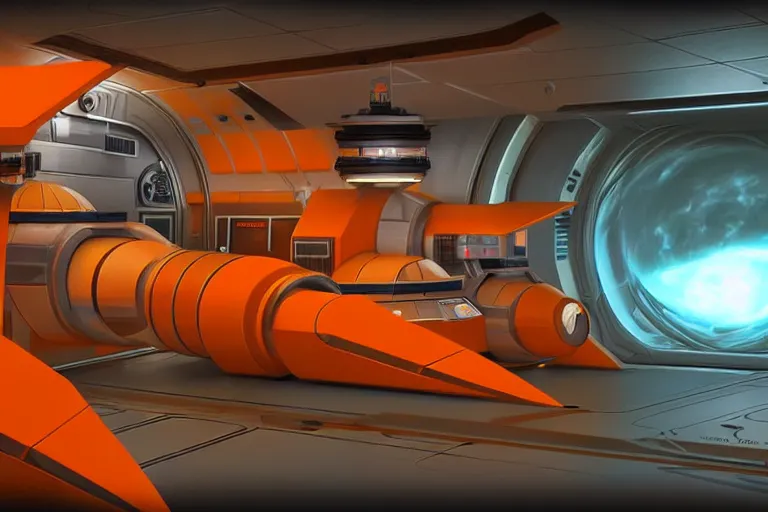 Image similar to Retrofuturistic orange engineer section of the space station, digital painting by Vicent di Fate and Syd Mead, League of Legends concept artists, trending on artstation, rendered in unreal engine