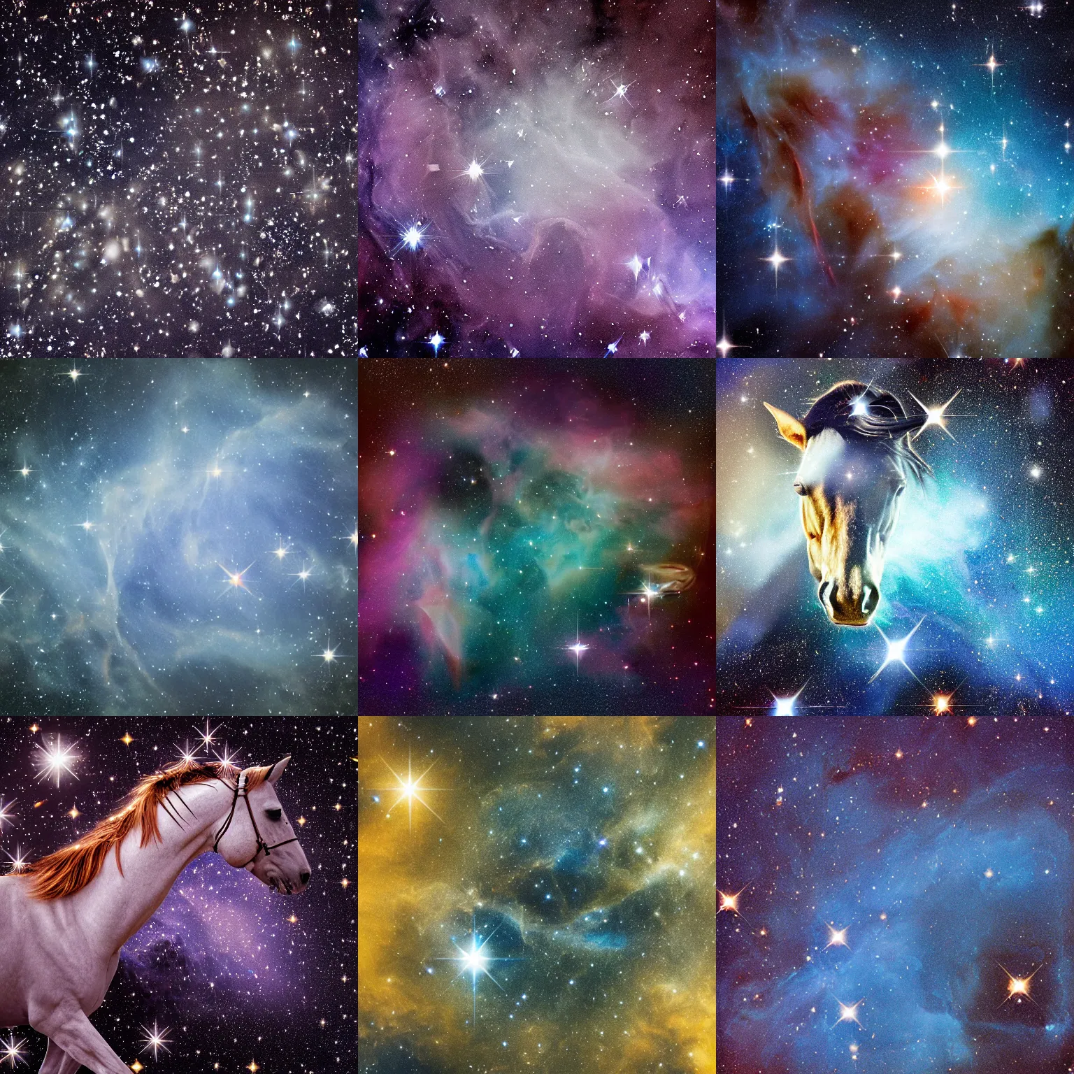Prompt: photograph of constellation of horse, stars, space, nebula, midnight, space telescope, hubble, james webb, ultrahigh detail, award winning