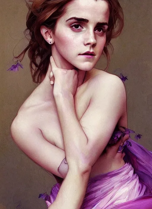 Image similar to emma watson wearing revealing pink and purple chiffon dress with flounces. beautiful detailed face. by artgerm and greg rutkowski and alphonse mucha