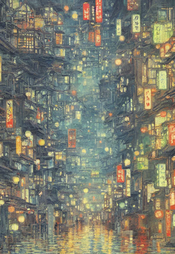 Image similar to a beautiful japanese city near the sea, ryokans and edo era houses, cyberpunk, lofi vibe, oil painting in impressionist style, by monet, by makoto shinkai, multiple brush strokes, inspired by ghibli, masterpiece