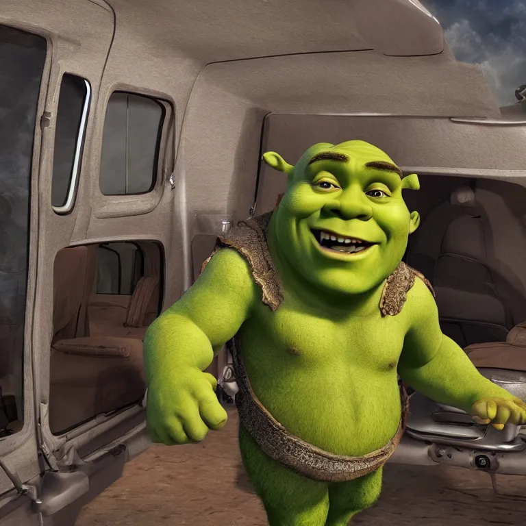 Image similar to Shrek living in a van with long hair , cinematic lighting, photorealistic image, 8k, ultra detailed, high resolution,