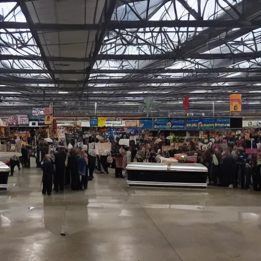 Prompt: A funeral inside a Walmart, dramatic photo