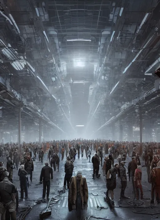 Image similar to a long queue of people standing in a huge underground dystopian factory, low camera angle, hyperdetailed, artstation, cgsociety, 8 k