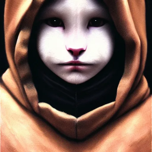 Image similar to a portrait of a kitten wearing a black hood, cloak covering face, anatomically correct, beautiful perfect face, enigmatic, oil painting, matte, black background, Volumetric dynamic lighting, Highly Detailed, Cinematic Lighting, Unreal Engine, 8k, HD, by Beksinski