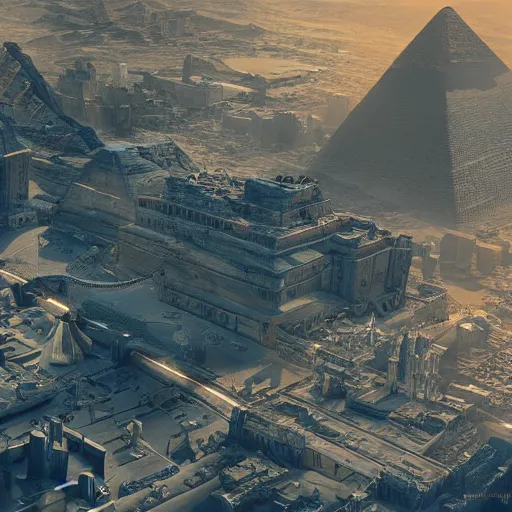 Prompt: an scene of a beautiful intricate epic futuristic hyper detailed cyber sphynx of egypt, cinematic lighting, bird's - eye view