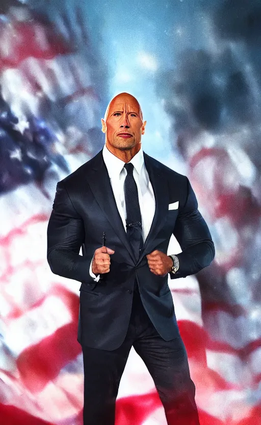 Image similar to dwayne johnson wearing a suit as the president of the united states, dynamic lighting, photorealistic fantasy concept art, trending on art station, stunning visuals, creative, cinematic, ultra detailed