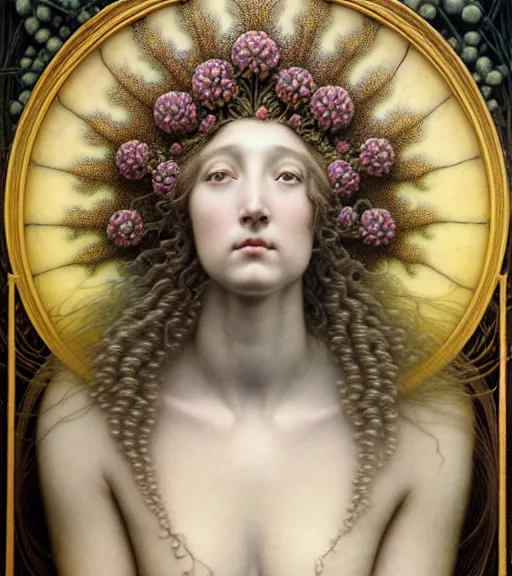 Image similar to beautiful young flower queen detailed realistic porcelain face portrait by jean delville, gustave dore, iris van herpen and marco mazzoni, art forms of nature by ernst haeckel, art nouveau, symbolist, visionary, gothic, neo - gothic, pre - raphaelite, fractal lace, intricate alien botanicals, surreality, hyperdetailed ultrasharp octane render