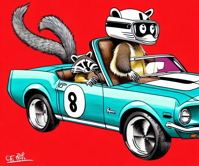 Image similar to cute and funny, racoon wearing a helmet riding in a tiny 1 9 6 7 ford mustang shelby, ratfink style by ed roth, centered award winning watercolor pen illustration, isometric illustration by chihiro iwasaki, edited by range murata