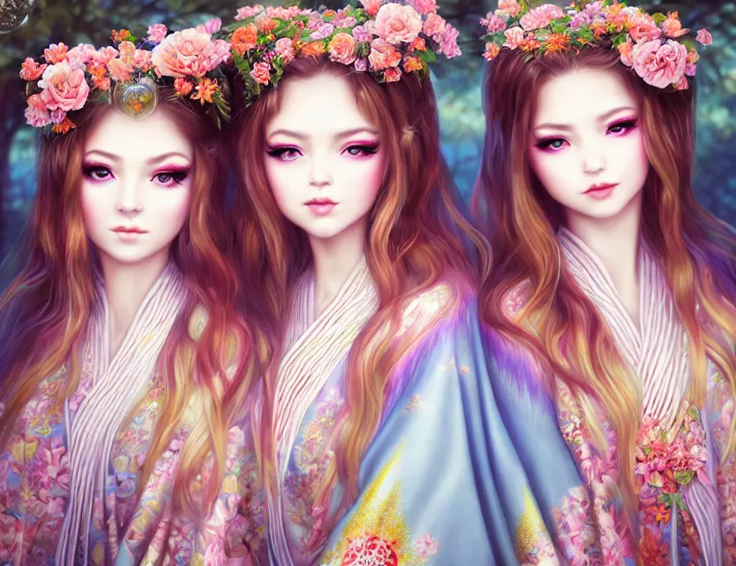 Image similar to two beautiful fashion siberian girls wear fantasy kimono in festival | | big eyes, sunny, dreamlike art, realistic shaded, smile, good looking, hyper details, 4 k realistic, cryengine, realistic shaded lighting poster by artgerm, ross tran, fuji choko, loish, 8 k resolution, trending on artstation, luxury