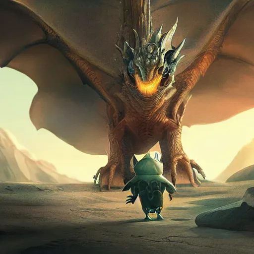 Prompt: an adorable and small alien lands on earth to meet a giant dragon, sweet eyes, concept art, octane render, matte painting, highly detailed, comic book art, cinematic