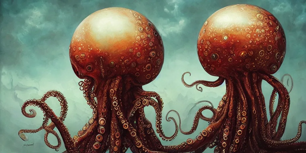 Prompt: queen octopus with a giant eyeball pearl head by Anato Finnstark, Tom Bagshaw, Brom