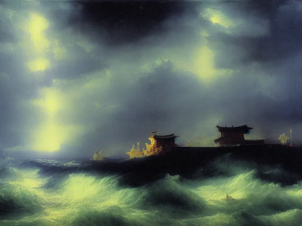 Image similar to heavy rain in south korea, bridges and buildings under water, beam of light through dark clouds, by Aivazovsky