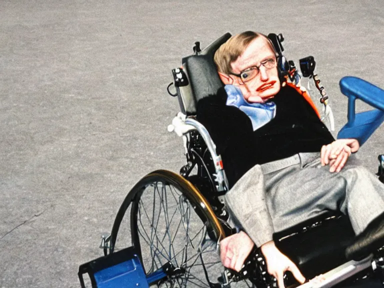 Prompt: a color photo of Stephen hawking in a Skatepark