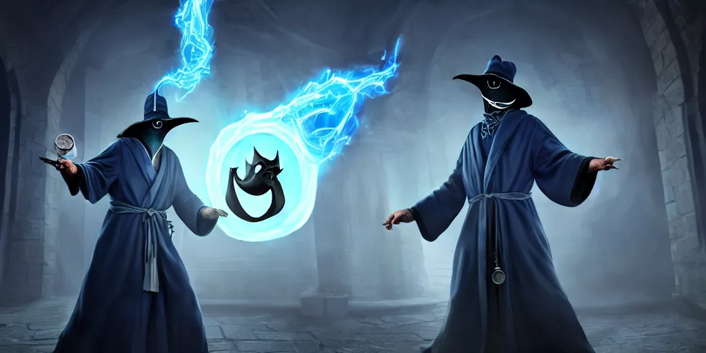 Prompt: action packed scene of a handsome plague doctor in a blue wizard robe who is a male sorcerer he is casting a spell that is emanating from his hands he is in a alchemist lab, action pose, medium shot, waist up, digital art, photoreal, 4 k, unreal engine 5, anime, d & d design, gta cover art