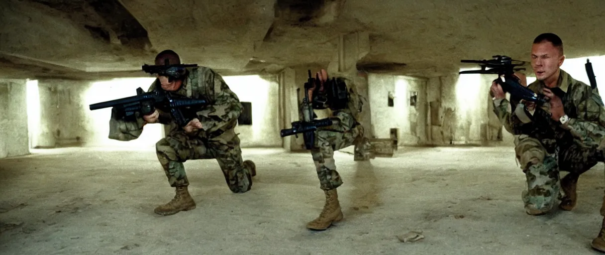 Image similar to filmic extreme wide shot dutch angle movie still 4k UHD 35mm film color photograph of a soldier wearing a 1982 us military outfit shooting an AK-47 toward the camera with a terrified look on his face, inside of a military bunker, in the style of a 1980s action film