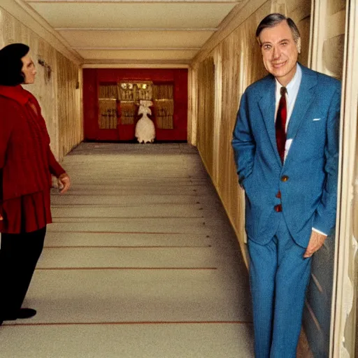 Image similar to mr. rogers visiting the Overlook Hotel