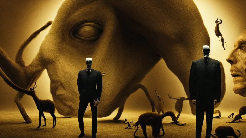 Image similar to hypercube four dimensional man, surrounded by animals, film still from the movie directed by denis villeneuve and david cronenberg with art direction by salvador dali and zdzisław beksinski, wide lens