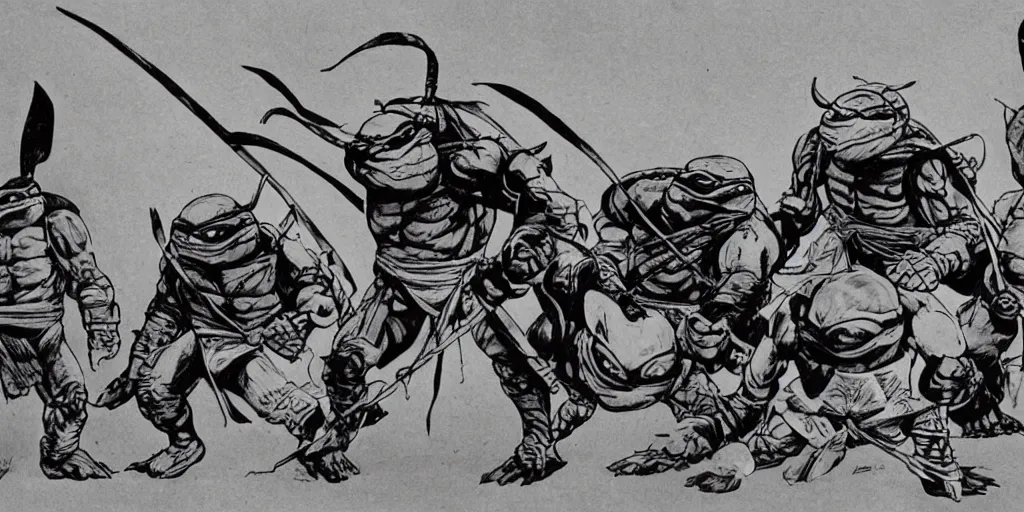 Prompt: old photo of robot ninja fighting teenage mutant ninja turtles by akira kurosawa