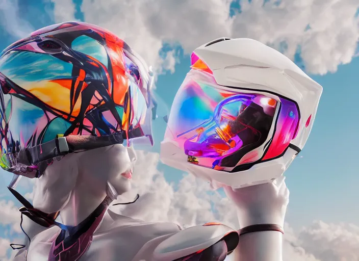 Image similar to extremely beautiful photo of a white marble statue of an anime girl with colorful motocross logos and motorcycle helmet with closed visor, colorful smoke in the background, carved marble statue, fine art, neon genesis evangelion, virgil abloh, offwhite, denoise, highly detailed, 8 k, hyperreal