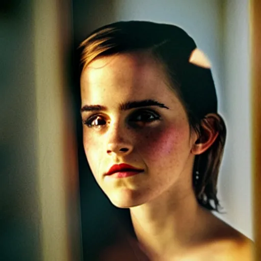 Prompt: Photograph of Emma Watson smoking by the window. Golden hour, dramatic lighting. Medium shot. CineStill