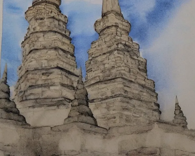 Prompt: twin buddhist pagodas made of stone, in landscape, traditional chinese watercolor,