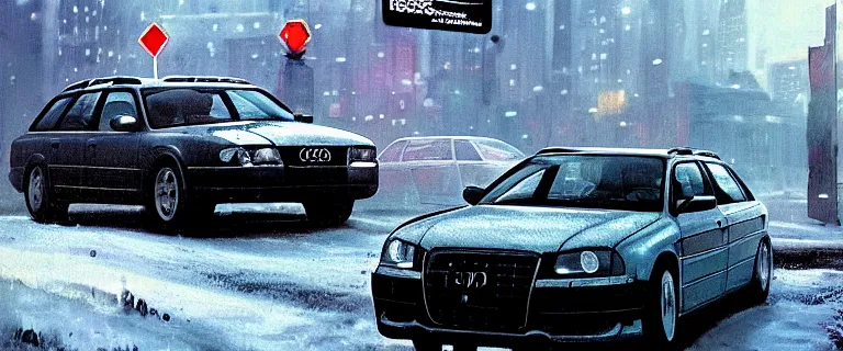 Prompt: Audi A4 B6 Avant (2002), black car, a gritty neo-noir, dramatic lighting, cinematic, establishing shot, extremely high detail, photorealistic, cinematic lighting, artstation, by simon stalenhag, Max Payne (PC) (2001) winter new york