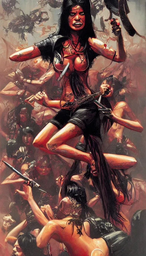 Image similar to indonesian penanggalen attacking young women, pulp movie style, by brom, high contrast