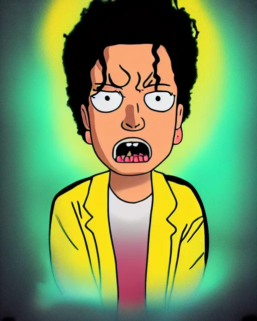 Image similar to portrait of michael jackson in the style of justin roiland. cinematic lighting. style of rick & morty. photographic, photography. by justin roiland