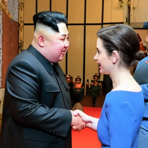 Image similar to close up shot of alison brie engaging peace talks with kim jong un at the slough corn exchange. photography, photographic