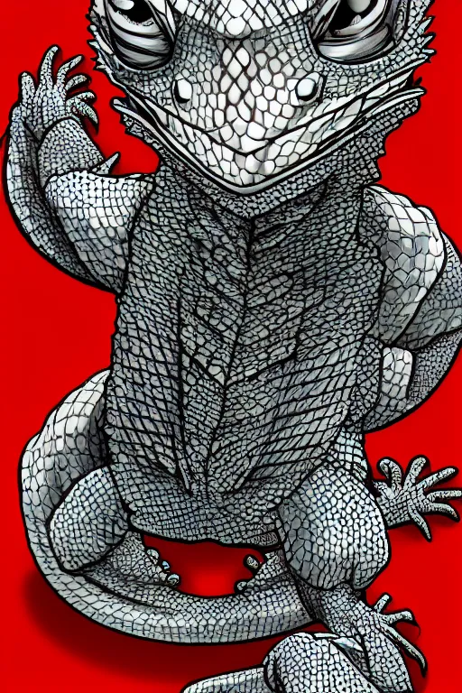 Prompt: bearded dragon grogu marvel comics style, gray scales, anime, hd,