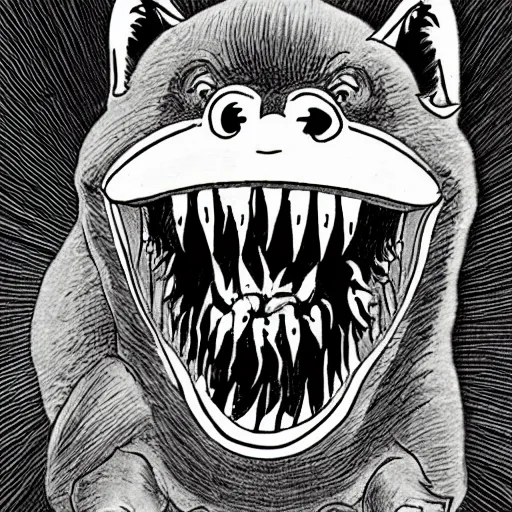 Prompt: corgi demon monster, smiling and showing a mouth full of many sharp teeth, manga by junji ito, detailed, intricate, horrifying, dark