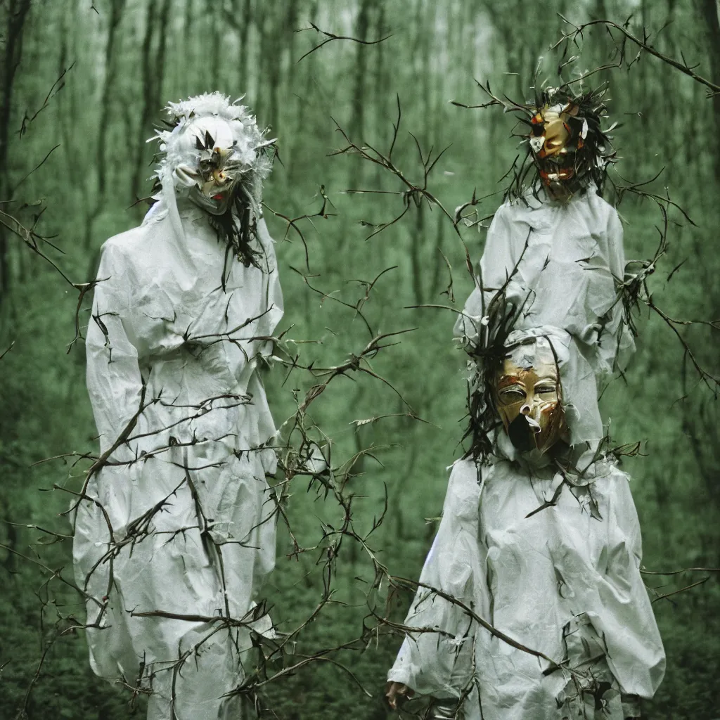 Prompt: woman with mask made of clouds and thorns, standing in a forest, Kodak vision3 500t,