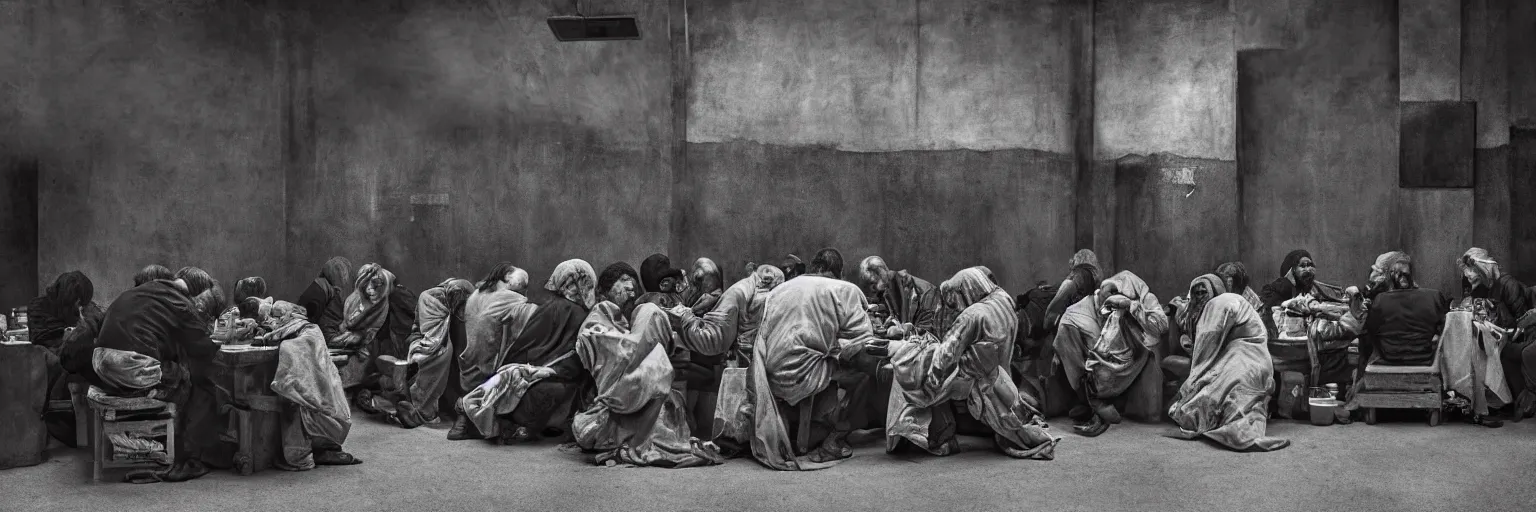 Image similar to Award Winning Editorial wide-angle picture of a Tramps in a new York Soup Kitchen by David Bailey and Lee Jeffries, called 'The Last Supper', 85mm ND 5, perfect lighting, gelatin silver process