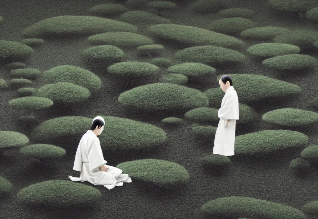 Image similar to a lone priest tending a zen garden kyoto, japan, a collage painting, in the style of wes anderson, lola dupre, david hockney, isolated on negative white space background dark monochrome fluorescent neon spraypaint accents volumetric octane render