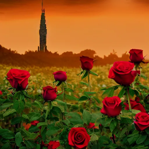 Image similar to photo of a dark tower in the center of a field of roses. golden hour. photorealism. 4 k trends on artstation. national geographic. photography on iphone