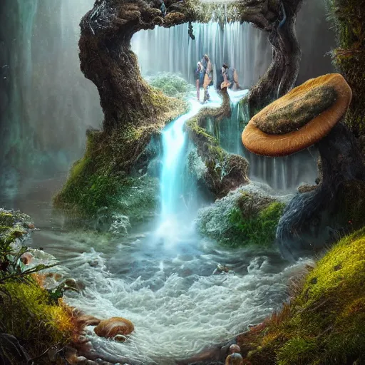 Image similar to tom bagshaw, elementals water wave, soft painting render curiosities carnival pond river vegetation rocks bugs wildlife mushrooms covered moss bioluminescent wisps, beautiful stunning waterfall, accurate features, focus, very intricate ultrafine details, random volumetric lighting, fog, award winning masterpiece, octane render 8 k hd, artstation