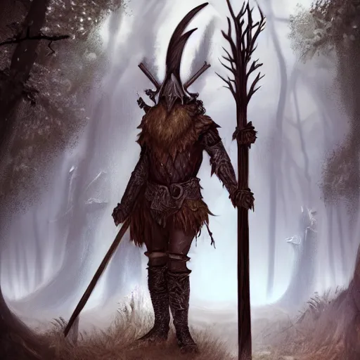 Image similar to high quality matte painting, grim fantasy witchy art, a woodland knight made of wood holding a giant club, in a dark forest, digital art, high quality render, artstation, 8 k, photograph quality, ultrahd, in the style of dungeons and dragons