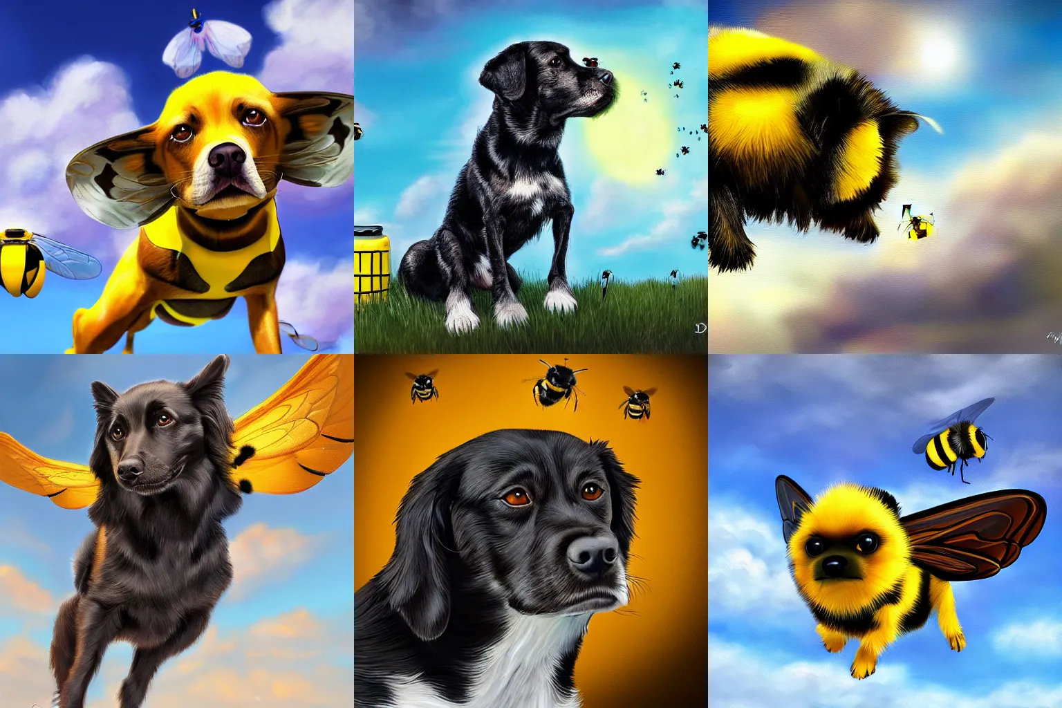 Prompt: dog with bumblebee wings flying, sky, digital painting, highly detailed, realistic lighting, 4 k